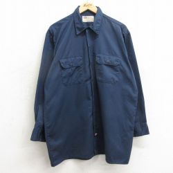 XL★古着 ディッキーズ Dickies 長袖 ワーク シャツ メンズ 90年代 90s ロング丈 USA製 紺 ネイビー 24may11 中古 トップス