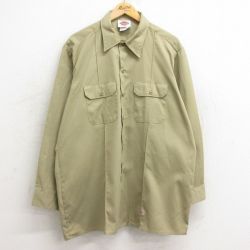 XL★古着 ディッキーズ Dickies 長袖 ワーク シャツ メンズ 90年代 90s 大きいサイズ ロング丈 USA製 ベージュ カーキ 24sep07 中古 トップス