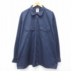 XL★古着 ディッキーズ Dickies 長袖 ワーク シャツ メンズ 大きいサイズ ロング丈 紺 ネイビー 24sep11 中古 トップス