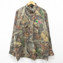 XL★古着 長袖 ミリタリー シャツ メンズ 90年代 90s SPARTAN 大きいサイズ ロング丈 コットン ボタンダウン 茶他 ブラウン 迷彩 24sep11 中古 トップス