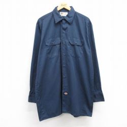 XL★古着 ディッキーズ Dickies 長袖 ワーク シャツ メンズ 00年代 00s ロング丈 紺 ネイビー 24nov26 中古 トップス