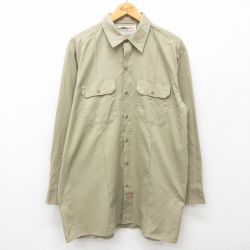 XL★古着 ディッキーズ Dickies 長袖 ワーク シャツ メンズ 00年代 00s ロング丈 ベージュ カーキ 24dec03 中古 トップス