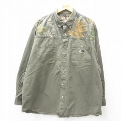 【50%OFF】XL★古着 長袖 ハンティング シャツ メンズ モッシーオーク 大きいサイズ ロング丈 コットン ボタンダウン 緑他 グリーン 25jan23 中古 トップス