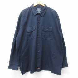 【50%OFF】XL★古着 ディッキーズ Dickies 長袖 ワーク シャツ メンズ 大きいサイズ ロング丈 紺 ネイビー 25mar18 中古 トップス