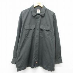 XL★古着 ディッキーズ Dickies 長袖 ワーク シャツ メンズ 大きいサイズ ロング丈 濃緑 グリーン 25may08 中古 トップス