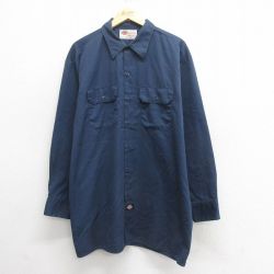 XL★古着 ディッキーズ Dickies 長袖 ワーク シャツ メンズ 00年代 00s 大きいサイズ ロング丈 紺 ネイビー 25may26 中古 トップス