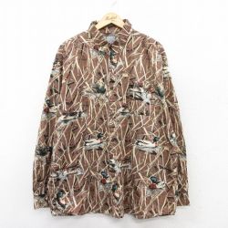 XL★古着 コロンビア COLUMBIA 長袖 ハンティング シャツ メンズ 鳥 総柄 大きいサイズ ロング丈 ボタンダウン 茶他 ブラウン 25aug18 中古 トップス