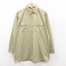 XL★古着 ディッキーズ Dickies 長袖 ワーク シャツ メンズ 90年代 90s　ロング丈 USA製 ベージュ カーキ 25oct11 中古 トップス