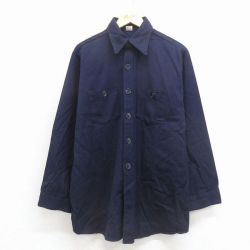 XL★古着 長袖 ワーク シャツ メンズ 80年代 80s ロング丈 紺 26jan31
