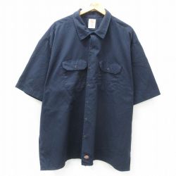 XL★古着 ディッキーズ Dickies 半袖 ワーク シャツ メンズ 大きいサイズ ロング丈 紺 ネイビー 25apr10 中古 トップス