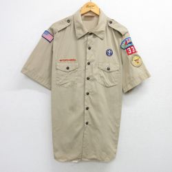 XL★古着 半袖 ボーイスカウト シャツ メンズ 90年代 90s ワッペン 大きいサイズ ロング丈 USA製 ベージュ カーキ 25apr12 中古 トップス