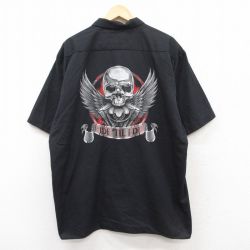 XL★古着 ディッキーズ Dickies 半袖 ワーク シャツ メンズ スカル エンジン 羽 大きいサイズ ロング丈 黒 ブラック 【spe】 25apr24 中古 トップス