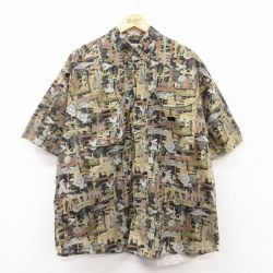 【20%OFF】XL★古着 半袖 フィッシング シャツ メンズ ヘリコプター 船 総柄 コットン ボタンダウン 黒他 ブラック 内側メッシュ 25apr24 中古 トップス