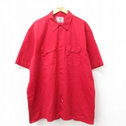 XL★古着 ディッキーズ Dickies 半袖 ワーク シャツ メンズ 大きいサイズ ロング丈 赤 レッド 25may02 中古 トップス