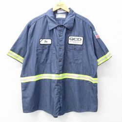 XL★古着 半袖 ワーク シャツ メンズ ワッペン リフレクター 大きいサイズ 紺他 ネイビー ストライプ 25may10 中古 トップス