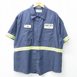 XL★古着 半袖 ワーク シャツ メンズ ワッペン リフレクター 大きいサイズ 紺他 ネイビー ストライプ 25may10 中古 トップス