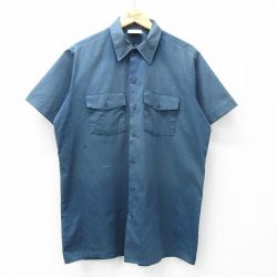 XL★古着 ディッキーズ Dickies 半袖 ワーク シャツ メンズ 90年代 90s ロング丈 USA製 紺 ネイビー 【spe】 25may10 中古 トップス