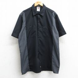 L★古着 ディッキーズ Dickies 半袖 ワーク シャツ メンズ ツートンカラー ロング丈 黒他 ブラック 25may13 中古 トップス