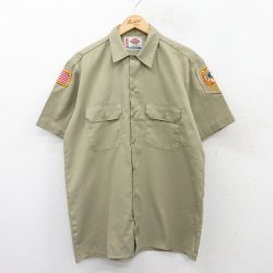 L★古着 ディッキーズ Dickies 半袖 ワーク シャツ メンズ ワッペン ベージュ カーキ 25may15 中古 トップス