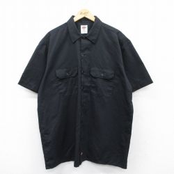 XL★古着 ディッキーズ Dickies 半袖 ワーク シャツ メンズ ボタンダウン ロング丈 黒 ブラック 25may15 中古 トップス
