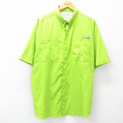 XL★古着 コロンビア COLUMBIA 半袖 フィッシング シャツ メンズ リップストップ オムニシェイド 大きいサイズ ロング丈 黄緑 内側メッシュ 25may17 中古 トップス