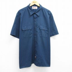 XL★古着 ディッキーズ Dickies 半袖 ワーク シャツ メンズ 00年代 00s 大きいサイズ ロング丈 紺 ネイビー 25may30 中古 トップス