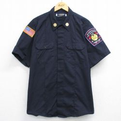 XL★古着 半袖 ワーク シャツ メンズ 90年代 90s 消防署 大きいサイズ ロング丈 USA製 紺系 ネイビー 25may30 中古 トップス