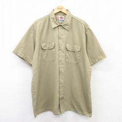 XL★古着 ディッキーズ Dickies 半袖 ワーク シャツ メンズ 大きいサイズ ロング丈 ベージュ カーキ 25may31 中古 トップス
