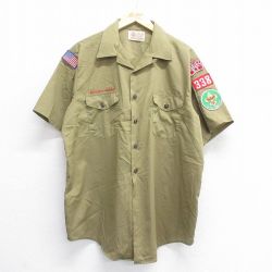 XL★古着 半袖 ボーイスカウト シャツ メンズ 90年代 90s ロング丈 開襟 オープンカラー 緑系 グリーン 25jun16 中古 トップス