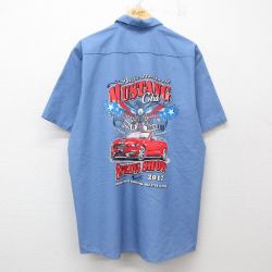 XL★古着 レッドキャップ 半袖 ワーク シャツ メンズ 車 鳥 ムスタング 大きいサイズ ロング丈 薄紺 ネイビー 25jun16 中古 トップス