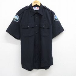 XL★古着 半袖 ワーク シャツ メンズ ポリス ワッペン ロング丈 黒 ブラック 25jun19 中古 トップス