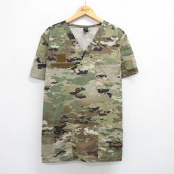 L★古着 半袖 ミリタリー トップス メンズ マルチカムカモ Vネック USA製 緑他 グリーン 迷彩 25jun26 中古