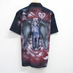 【50%OFF】M★古着 ディッキーズ Dickies 半袖 ワーク シャツ メンズ ハンドペイント エアブラシ 紺 ネイビー 【spe】 25jun26 中古 トップス