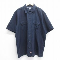 XL★古着 ディッキーズ Dickies 半袖 ワーク シャツ メンズ 大きいサイズ ロング丈 紺 ネイビー 25jul07 中古 トップス