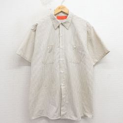 XL★古着 レッドキャップ 半袖 ワーク シャツ メンズ 80年代 80s ロング丈 ベージュ他 ストライプ 26apr13