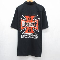 XL★古着 レッドキャップ 半袖 ワーク シャツ メンズ 00年代 00s デトロイト アイアンクロス 大きいサイズ ロング丈 ブラック 26jun03