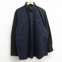 【30%OFF】XL★古着 長袖 ウエスタン シャツ メンズ 90年代 90s 大きいサイズ ロング丈 ボタンダウン 黒他 ブラック ストライプ 24apr22 中古 トップス