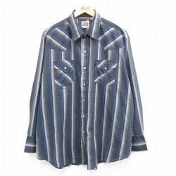 XL★古着 ELY 長袖 ウエスタン シャツ メンズ 90年代 90s 大きいサイズ 紺他 ネイビー ボーダー 24may30 中古 トップス