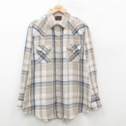 XL★古着 長袖 ウエスタン シャツ メンズ ロング丈 ベージュ他 カーキ チェック 24dec04 中古 トップス
