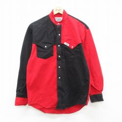 【20%OFF】L★古着 長袖 ウエスタン シャツ メンズ 90年代 90s ツートンカラー コットン ノーカラー USA製 赤他 レッド 24dec05 中古 トップス