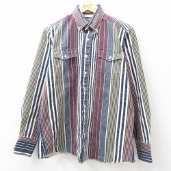 L★古着 長袖 ウエスタン シャツ メンズ 90年代 90s ボタンダウン 濃紺他 ネイビー ストライプ 24dec11 中古 トップス
