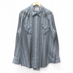 XL★古着 ELY 長袖 ウエスタン シャツ メンズ 90年代 90s 大きいサイズ ロング丈 グレー他 ストライプ 24dec13 中古 トップス