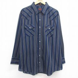 【20%OFF】XL★古着 長袖 ウエスタン シャツ メンズ 00年代 00s 大きいサイズ ロング丈 紺他 ネイビー ストライプ 25jan27 中古 トップス