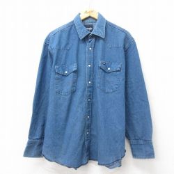 XL★古着 ラングラー Wrangler 長袖 ウエスタン シャツ メンズ 大きいサイズ コットン 薄紺 ネイビー デニム 25feb17 中古 トップス