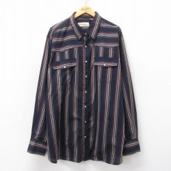 XL★古着 長袖 ウエスタン シャツ メンズ 大きいサイズ ロング丈 紺他 ネイビー ストライプ 25feb17 中古 トップス