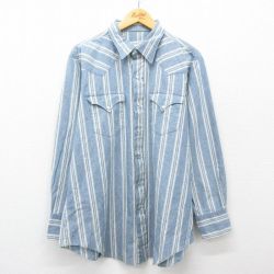 XL★古着 H BAR C 長袖 ウエスタン シャツ メンズ 90年代 90s コットン 薄紺他 ネイビー ストライプ 25feb22 中古 トップス