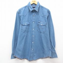XL★古着 ラングラー Wrangler 長袖 ウエスタン シャツ メンズ コットン 紺 ネイビー デニム 25feb22 中古 トップス
