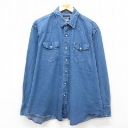 XL★古着 ラングラー Wrangler 長袖 ウエスタン シャツ メンズ 大きいサイズ コットン 紺 ネイビー デニム 25feb22 中古 トップス