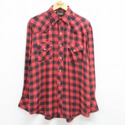L★古着 長袖 ウエスタン シャツ メンズ 90年代 90s コットン 赤他 レッド バッファロー チェック 25mar08 中古 トップス