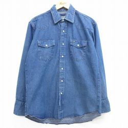L★古着 ラングラー Wrangler 長袖 ウエスタン シャツ メンズ コットン 紺 ネイビー デニム 25mar08 中古 トップス